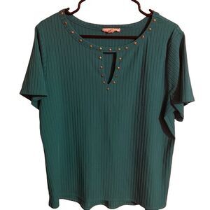 Studded Teal Green Ribbed Knit Top Keyhole Crew Neck Short Sleeve